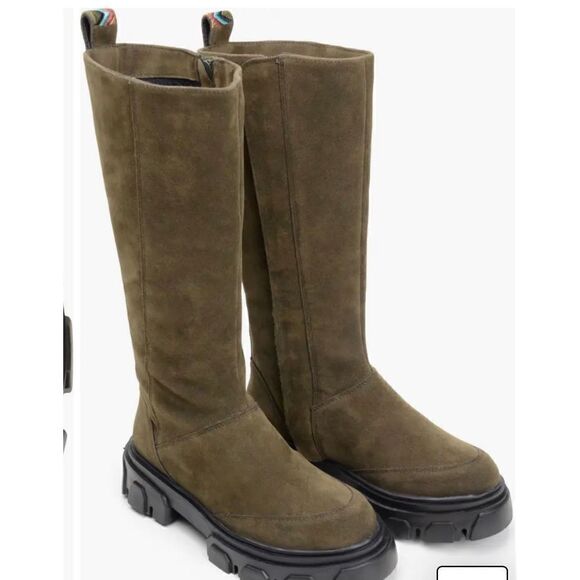 Farm Rio Knee High Olive Green Suede Lug Sole Boot NWOB Size 6 1/2 - Picture 8 of 8